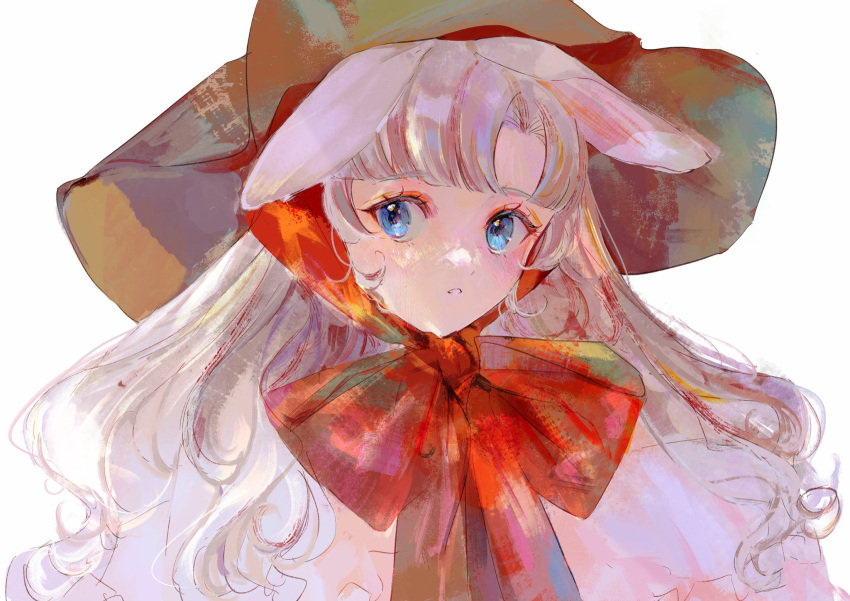 1girl animal_ears bangs blue_eyes blush bow bowtie brown_headwear chin_strap dress ears_down frills grey_hair hat highres jamu_(yakinikuoi4) juliet_sleeves long_hair long_sleeves looking_at_viewer original portrait puffy_sleeves rabbit_ears rabbit_girl red_bow red_bowtie simple_background solo white_background white_dress white_hair