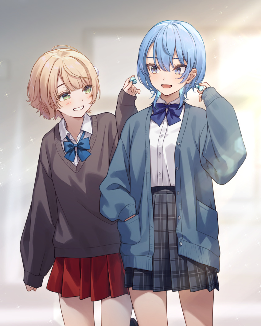 2girls akabino alternate_costume black_skirt black_sweater blonde_hair blue_bow blue_bowtie blue_cardigan blue_eyes blue_hair blush bow bowtie breasts cardigan collared_shirt commentary cowboy_shot dress_shirt earbuds earphones green_eyes grin hair_between_eyes hair_ornament hand_in_pocket highres hololive hoshimachi_suisei indie_virtual_youtuber indoors lens_flare light_blue_hair light_rays long_sleeves looking_at_another looking_to_the_side miniskirt multiple_girls official_alternate_hair_length official_alternate_hairstyle open_cardigan open_clothes open_mouth plaid plaid_skirt pleated_skirt pom_pom_(clothes) pom_pom_hair_ornament red_skirt school_uniform shigure_ui_(vtuber) shirt shirt_tucked_in short_hair skirt sleeves_past_wrists small_breasts smile standing sunlight sweater unbuttoned virtual_youtuber white_shirt wing_collar wireless_earphones