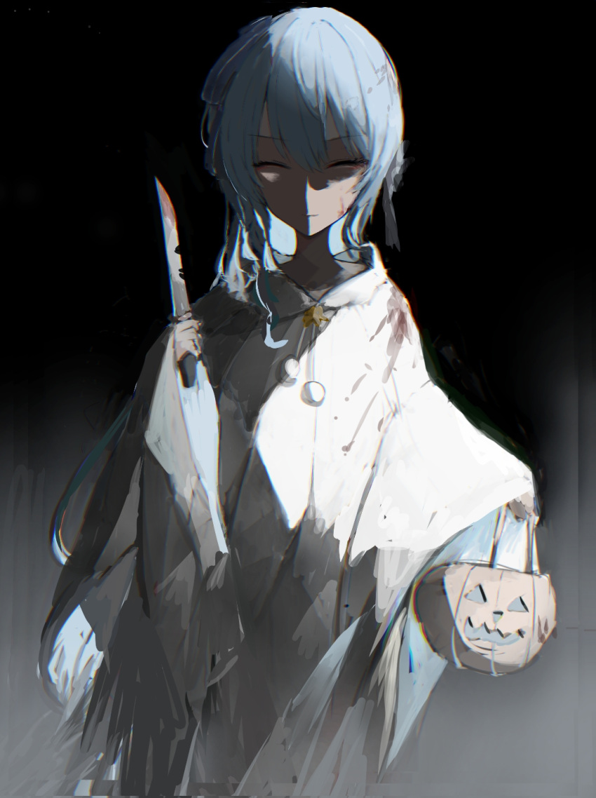 1girl blood blood_on_clothes blood_on_knife blue_hair closed_eyes closed_mouth halloween_bucket highres holding holding_knife hololive hoshimachi_suisei hurybone knife long_hair long_sleeves simple_background solo virtual_youtuber
