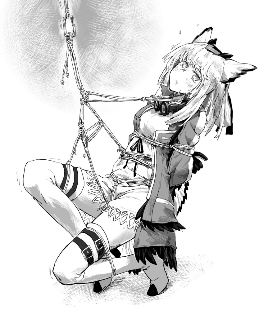 1girl a_tea arknights arms_behind_back bangs blush bound bound_arms goggles goggles_around_neck greyscale highres long_hair looking_at_viewer monochrome open_mouth owl_ears ptilopsis_(arknights) shibari solo sweatdrop thighhighs
