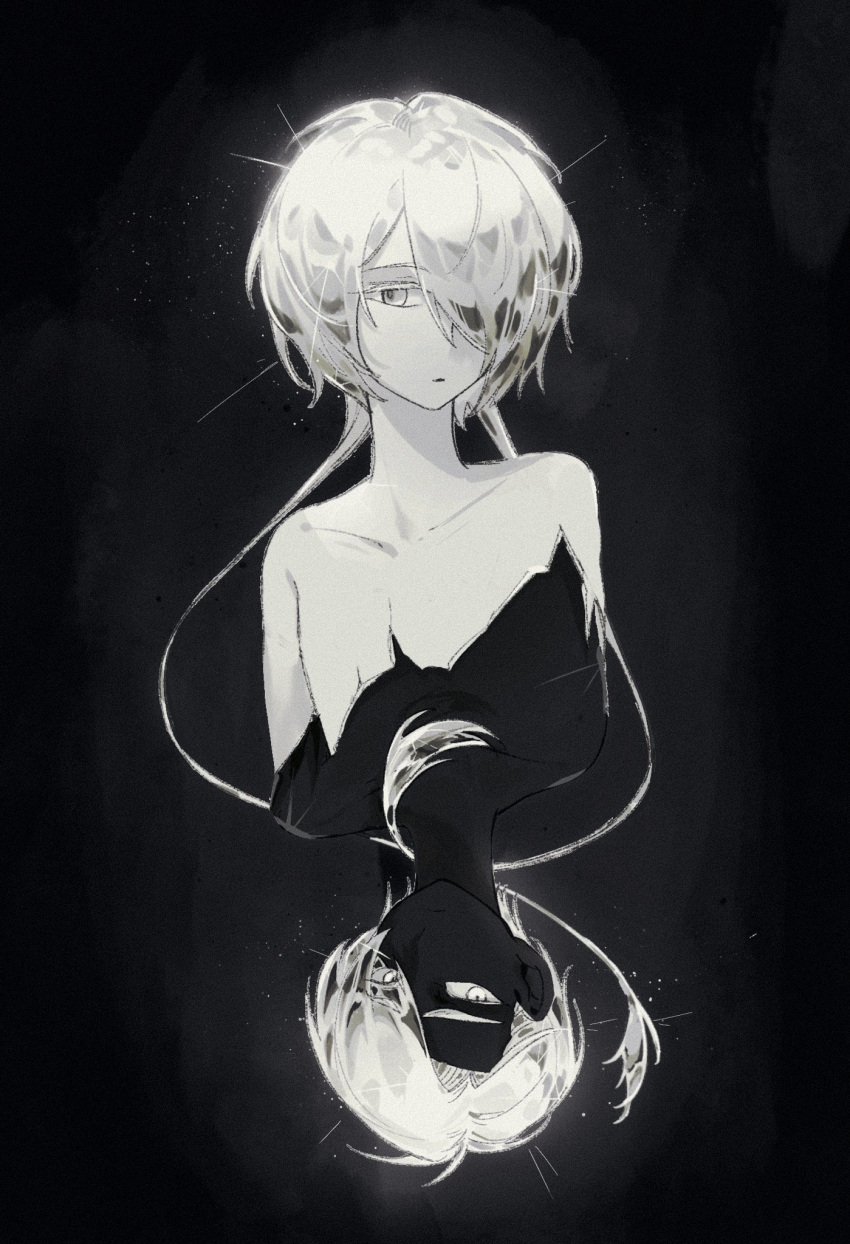 2others bangs black_background black_skin bmh_1009 broken cairngorm_(houseki_no_kuni) collarbone colored_skin crack cracked_skin crystal_hair dark_background expressionless frown ghost_quartz_(houseki_no_kuni) glint grey_hair hair_over_one_eye highres houseki_no_kuni multiple_others other_focus parted_bangs parted_hair parted_lips short_hair short_hair_with_long_locks sidelocks sparkle split_theme topless upside-down white_skin