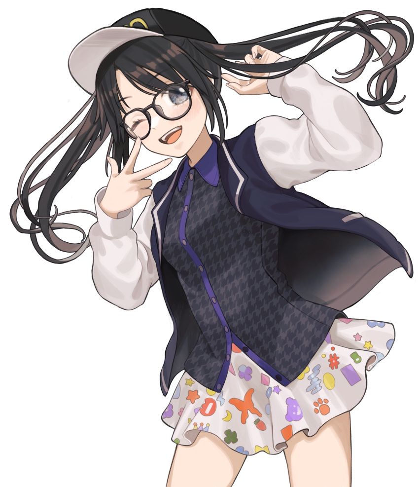 1girl absurdres baseball_cap black_hair black_shirt blue_eyes commentary_request glasses hat highres idolmaster idolmaster_shiny_colors jacket long_hair looking_at_viewer miniskirt mitsumine_yuika one_eye_closed shirt skirt solo tanupon twintails v white_background