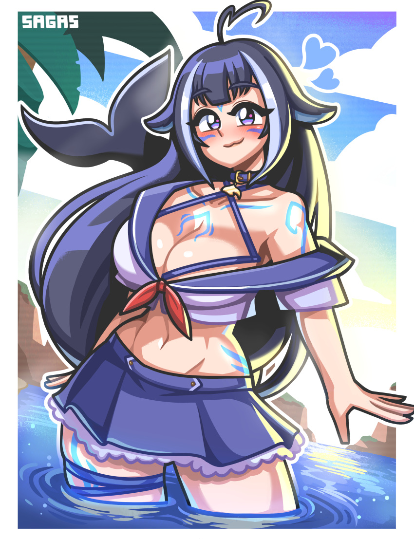 1girl absurdres ahoge artist_name bangs black_hair black_skirt blue_sky blush breasts cetacean_tail cleavage cloud cloudy_sky cowboy_shot cropped_legs cropped_shirt fish_tail highres indie_virtual_youtuber large_breasts leaf long_hair midriff multicolored_hair navel orca_girl outdoors sagas293 shylily skindentation skirt sky smile solo streaked_hair tail tattoo tree virtual_youtuber white_hair