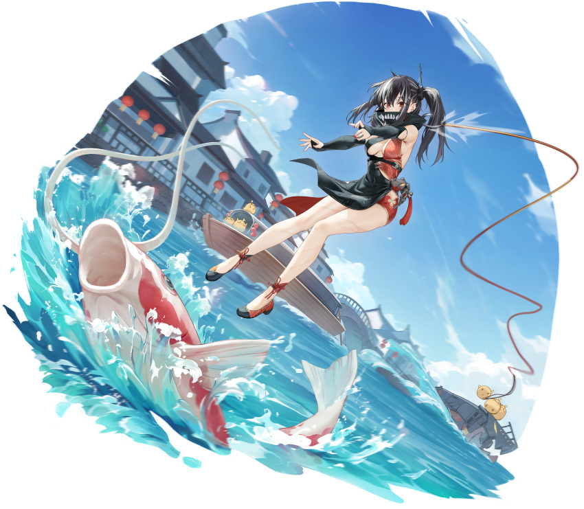 1girl absurdres arch_bridge architecture azur_lane black_hair boat covered_mouth east_asian_architecture expressions highres koi manjuu_(azur_lane) multicolored_hair non-web_source official_alternate_costume official_art red_eyes river scarf scarf_over_mouth two-tone_hair u-47_(azur_lane) watercraft white_hair