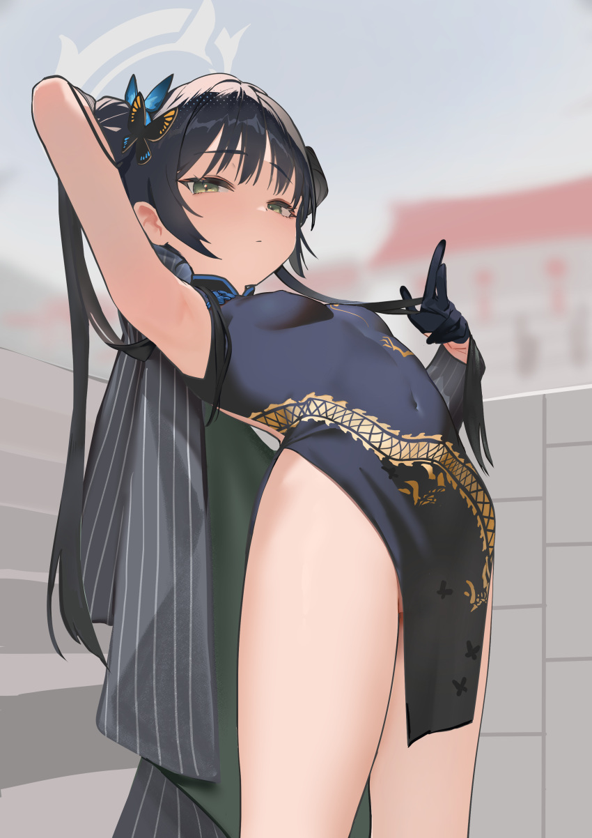 1girl absurdres bare_shoulders black_dress black_gloves black_hair blue_archive blue_eyes braid braided_bun breasts butterfly_hair_ornament china_dress chinese_clothes double_bun dragon_print dress gloves grey_eyes grey_jacket hair_bun hair_ornament halo highres jacket jacket_on_shoulders kisaki_(blue_archive) long_hair looking_at_viewer nuda pelvic_curtain print_dress short_dress side_slit sleeveless sleeveless_dress small_breasts solo striped striped_jacket twintails vertical-striped_jacket vertical_stripes