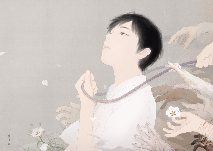 1boy black_hair collared_shirt expressionless flower grass grey_background highres male_focus original petals re:i rope shirt short_hair short_sleeves simple_background solo white_flower white_shirt