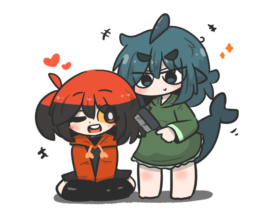 +++ 2girls ;d bangs barefoot between_legs black_hair black_hoodie black_skirt blue_eyes blue_hair blush blush_stickers brushing_another's_hair brushing_hair chibi commentary_request drawstring dress fish_tail fuka-chan green_dress hair_between_eyes hair_brush hand_between_legs heart highres holding hood hood_down hooded_dress hoodie multicolored_hair multiple_girls one_eye_closed original red_hair shadow shark_tail short_eyebrows simple_background sitting skirt smile sparkle standing tail teeth thick_eyebrows two-tone_hair uni_souchou upper_teeth_only white_background yellow_eyes