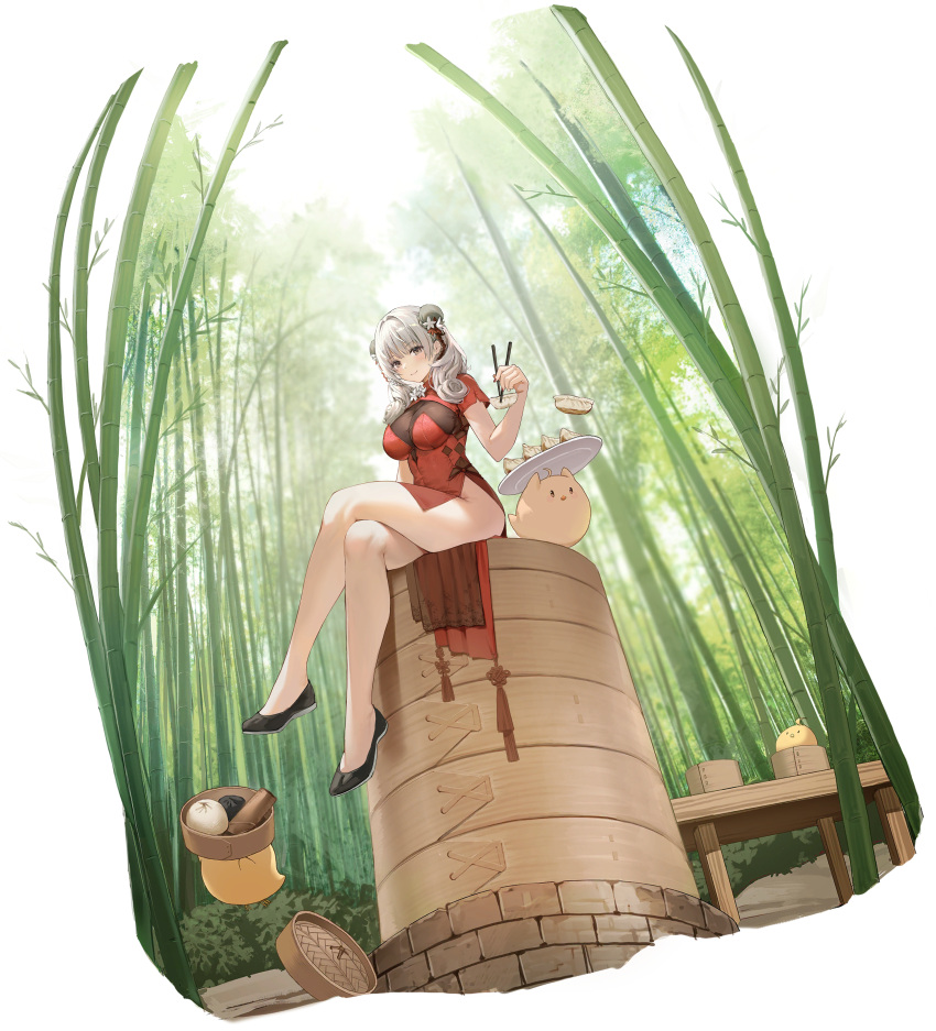 1girl absurdres animal artist_request azur_lane bamboo bamboo_forest bamboo_steamer bird breasts brown_eyes bun_cover china_dress chinese_clothes chopsticks crossed_legs day double_bun dress dumpling food forest full_body hair_bun highres holding holding_chopsticks jiaozi large_breasts long_hair looking_at_viewer luetzow_(azur_lane) luetzow_(steaming_hot_treat)_(azur_lane) manjuu_(azur_lane) nature no_panties non-web_source official_art outdoors red_dress shoes short_sleeves simple_background sitting white_hair