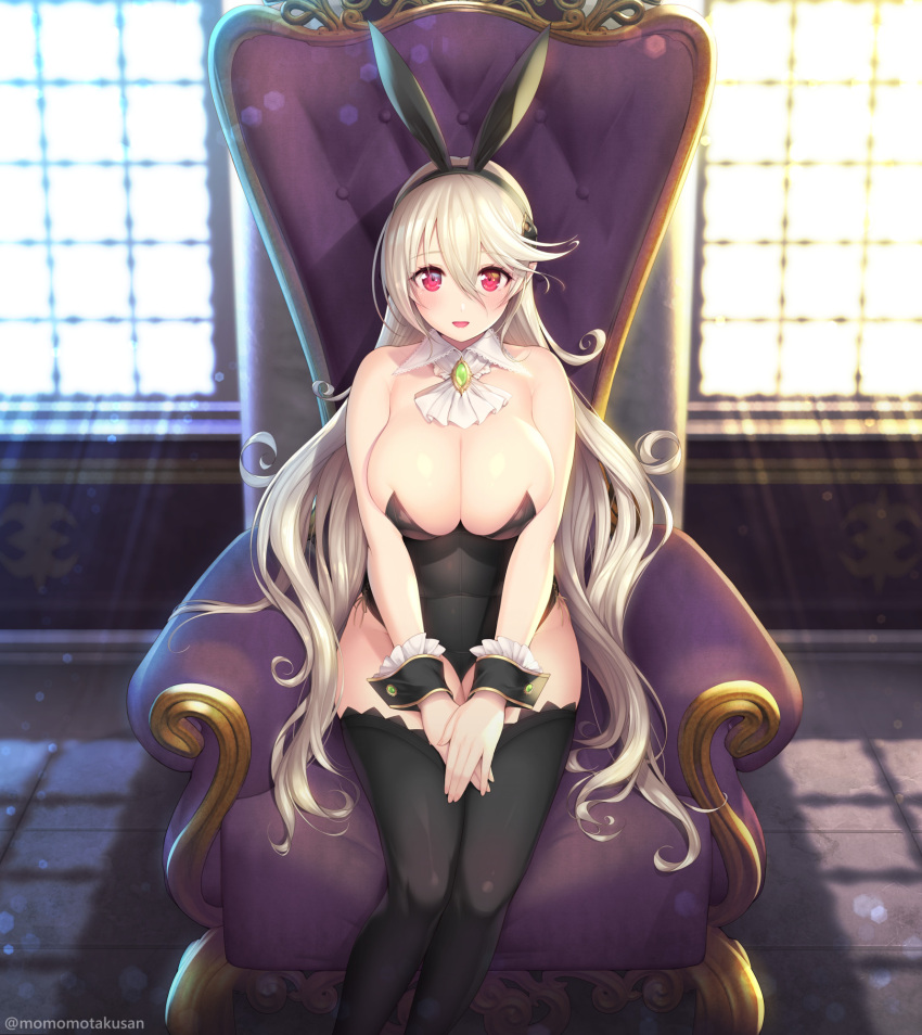 1girl alternate_breast_size alternate_costume animal_ears armchair bent_over black_leotard black_thighhighs blonde_hair bow bowtie breasts brooch chair corrin_(female)_(fire_emblem) corrin_(fire_emblem) detached_collar drill_hair fake_animal_ears fake_tail fire_emblem fire_emblem_fates hair_over_one_eye high_heels highres huge_breasts jewelry kashiwamochi_yomogi large_breasts leotard pantyhose playboy_bunny pointy_ears rabbit_ears rabbit_tail sitting smile solo strapless strapless_leotard tail thighhighs throne tiara twin_drills twintails white_hair wrist_cuffs