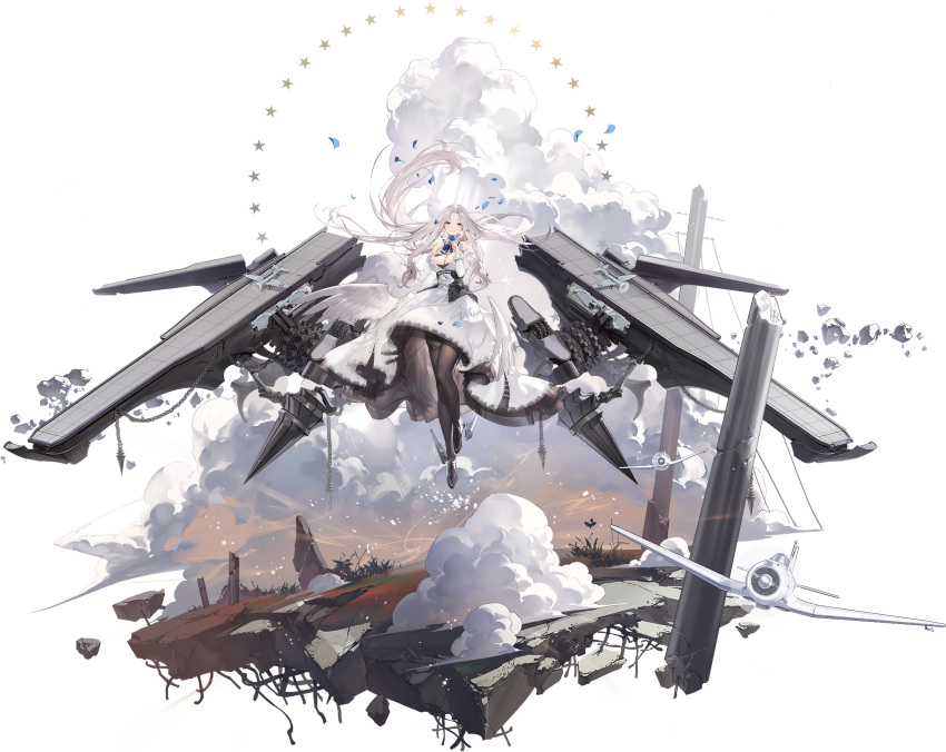 1girl absurdres aircraft airplane artist_request azur_lane bangs bare_shoulders blue_eyes breasts dress feathers flower full_body highres holding kurumi_(recycllamo) long_hair long_sleeves looking_at_viewer machinery medium_breasts non-web_source official_art pantyhose parted_bangs petals puffy_sleeves shiny_skin skirt smile solo thigh_strap thighs transparent_background white_hair wings yorktown_(azur_lane) yorktown_ii_(azur_lane)