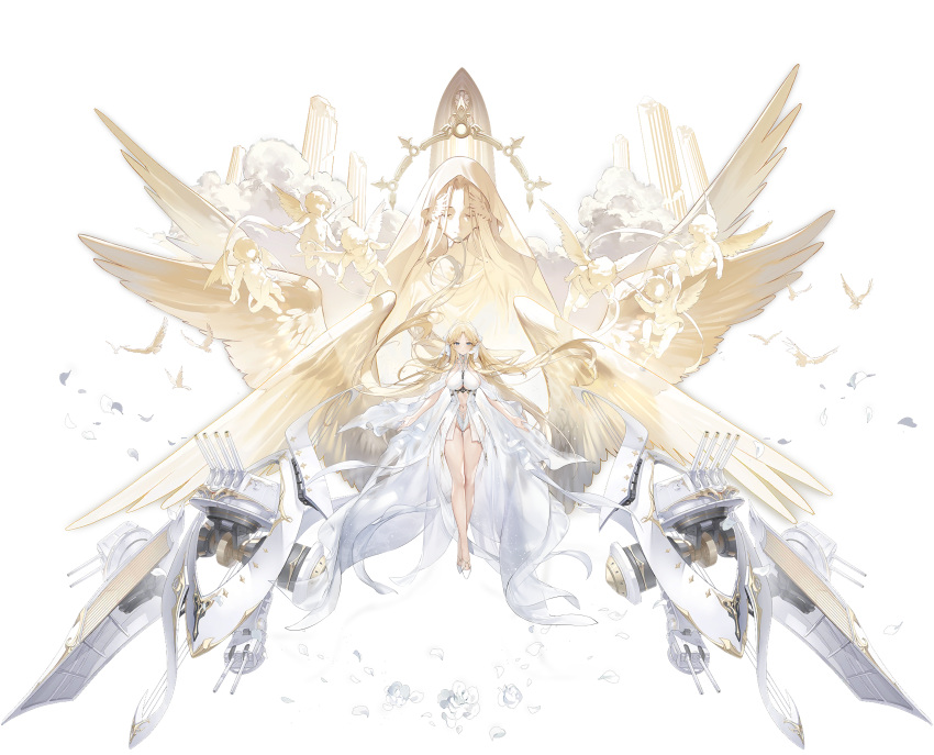 1girl absurdres aqua_eyes arms_at_sides azur_lane bare_shoulders blonde_hair breasts brest_(azur_lane) cannon center_opening closed_mouth clothing_cutout collarbone detached_sleeves dress feathered_wings groin highleg highleg_panties highres iris_libre_(emblem) kurumi_(recycllamo) large_breasts long_hair looking_at_viewer multiple_wings navel non-web_source official_art panties parted_lips range_finder rigging sideboob sidelocks skindentation solo transparent_background turret underboob underboob_cutout underwear white_dress white_footwear wide_sleeves wings yellow_wings