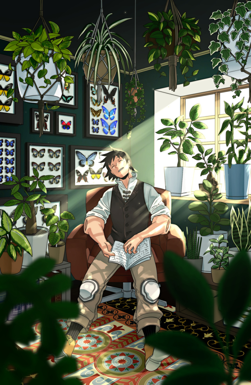1boy alternate_universe bangs black_hair black_vest blue_butterfly blurry blurry_background boku_no_hero_academia book book_on_lap book_stack bug butterfly buttons carpet chair closed_eyes cross-laced_footwear flower_pot framed_insect hanging_plant head_tilt high_collar highres holding holding_book house indoors insect_collection light light_particles light_rays male_focus naenokyuuri_(truchmobis) office_chair official_alternate_costume on_chair open_book outstretched_legs parted_lips perspective pinstripe_legwear pinstripe_pattern plant potted_plant rope sero_hanta shadow shoe_soles short_hair sitting sleeping sleeping_upright solo striped sunbeam sunlight toggles too_many_butterflies vest vines white_rope window window_shade yellow_footwear