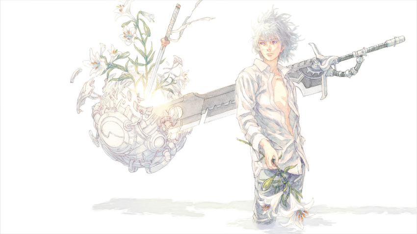 1boy collarbone flower highres holding holding_flower holding_sword holding_weapon hoozuki_suigetsu huge_weapon k_(mns-law6) medium_hair naruto naruto_(series) open_clothes open_shirt partially_unbuttoned purple_eyes shirt simple_background solo standing sword weapon white_background white_hair white_shirt