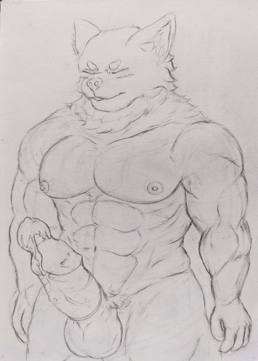 5_fingers abs absurd_res anthro balls big_biceps big_muscles big_pecs big_penis blush bodily_fluids bulge canid canine canis condom ejaculation erection eyes_closed fingers genitals hi_res humanoid humanoid_genitalia humanoid_penis ichinoseura looking_pleasured male mammal muscular muscular_anthro muscular_male muscular_thighs nipples nude pecs penile penis pubes sexual_barrier_device solo solo_focus sweat thick_thighs vein veiny_penis wolf