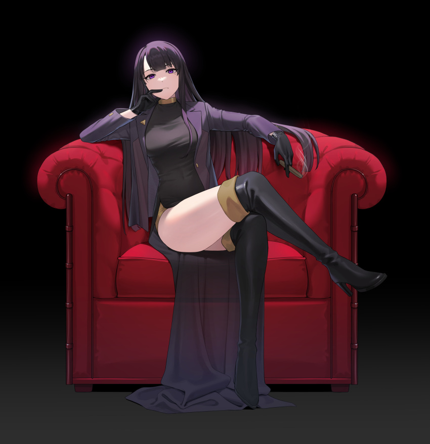 1girl absurdres bangs black_dress black_gloves black_hair blunt_bangs boots breasts cigar crossed_legs dress finger_to_mouth gloves gradient_background high_heel_boots high_heels highres jacket long_hair looking_at_viewer medium_breasts mole mole_under_eye open_clothes open_jacket original purple_eyes reiji-rj sitting solo thigh_boots