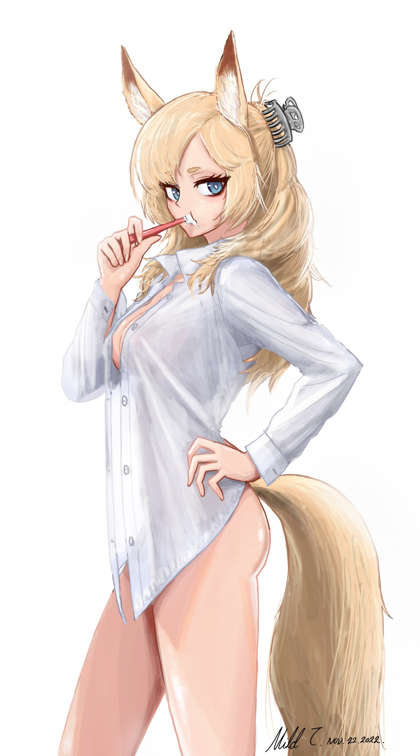 1girl absurdres alternate_costume animal_ears arknights bangs blonde_hair blue_eyes breasts brushing_teeth claw_hair_clip cleavage collared_shirt commentary dated dress_shirt feet_out_of_frame from_side hand_on_hip highres holding holding_toothbrush horse_ears horse_girl horse_tail long_hair long_sleeves looking_at_viewer medium_breasts mildt naked_shirt open_clothes open_shirt parted_bangs see-through_silhouette shirt signature simple_background solo standing tail thighs toothbrush unbuttoned whislash_(arknights) white_background white_shirt