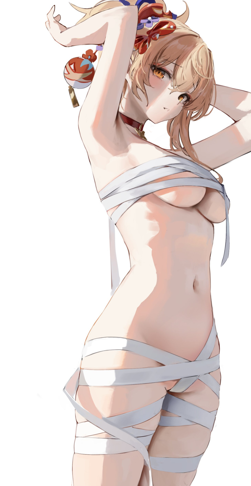 1girl absurdres armpits arms_up bandages bangs blonde_hair breasts chest_sarashi choker genshin_impact hair_between_eyes hair_ornament highres leviathan_(hikinito0902) looking_at_viewer medium_breasts medium_hair naked_bandage navel parted_lips ponytail red_choker sarashi solo white_background yellow_eyes yoimiya_(genshin_impact)