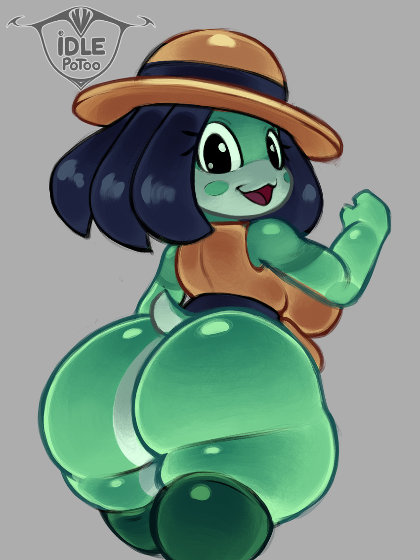 alph_(monnodev) amphibian anthro big_breasts big_butt black_eyes blue_hair blush blush_stickers bottomless breasts butt clothed clothing female frog green_body hair hat headgear headwear hi_res huge_butt huge_hips huge_thighs idlepotoo looking_at_viewer looking_back non-mammal_breasts open_mouth shirt solo thick_thighs topwear wide_hips