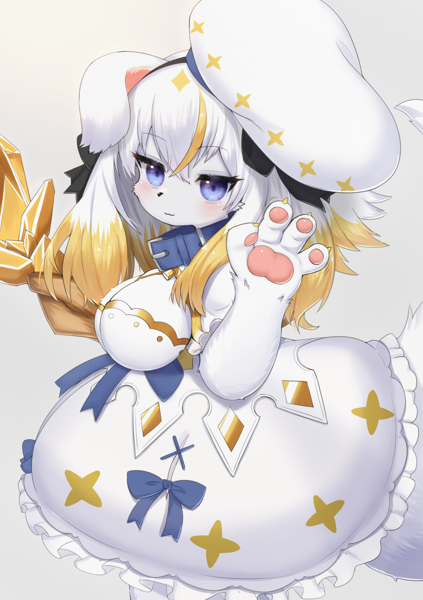 2023 4_fingers anthro blonde_hair blush breasts canid canine canis claws clothed clothing digital_media_(artwork) domestic_dog female female_anthro finger_claws fingers floppy_ears fur hair hi_res horokusa0519 kemono looking_at_viewer mammal pawpads solo white_body white_fur white_hair