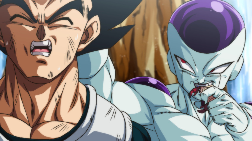 2boys black_hair closed_eyes commentary_request crab dragon_ball dragon_ball_z eating frieza grabbing_another's_hair large_pectorals male_focus multiple_boys muscular muscular_male open_mouth pectorals red_eyes rom_(20) sweat vegeta water waterfall