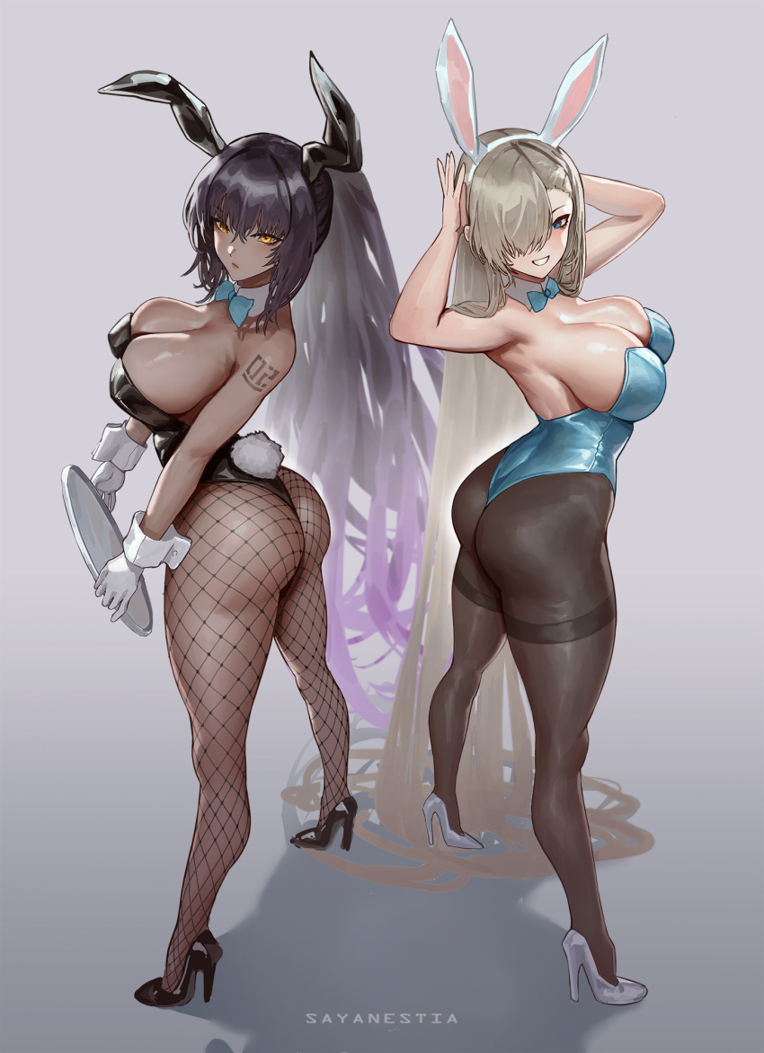 2girls absurdly_long_hair animal_ears arm_tattoo arms_up ass asuna_(blue_archive) asuna_(bunny)_(blue_archive) bare_shoulders black_footwear black_hair black_leotard blue_archive blue_bow blue_bowtie blue_leotard bow bowtie breasts dark-skinned_female dark_skin detached_collar fake_animal_ears fishnets from_side full_body gloves gradient_hair grey_background grin hair_between_eyes hair_over_one_eye high_heels highleg highleg_leotard highres holding holding_tray karin_(blue_archive) karin_(bunny)_(blue_archive) large_breasts leotard long_hair looking_at_viewer multicolored_hair multiple_girls number_tattoo official_alternate_costume pantyhose playboy_bunny ponytail purple_hair rabbit_tail sayanestia skindentation smile standing strapless strapless_leotard tail tattoo thighband_pantyhose tray twisted_torso very_long_hair white_footwear white_gloves