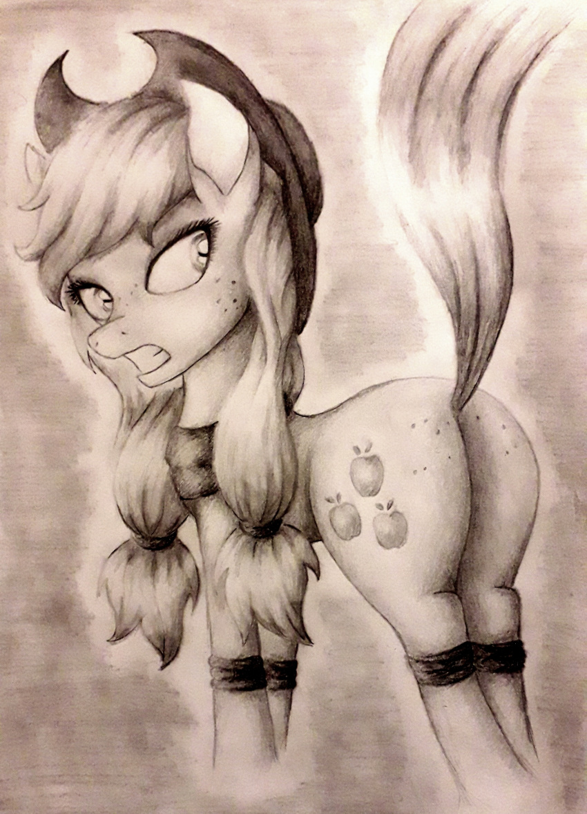 2020 absurd_res alternate_hairstyle applejack_(mlp) bdsm bondage bound butt clothing cowboy_hat cutie_mark earth_pony equid equine female feral freckles friendship_is_magic hasbro hat headgear headwear hi_res horse looking_back mammal monochrome my_little_pony omnisimon11 pigtails pony quadruped raised_tail solo tail traditional_media_(artwork) twintails_(hairstyle)