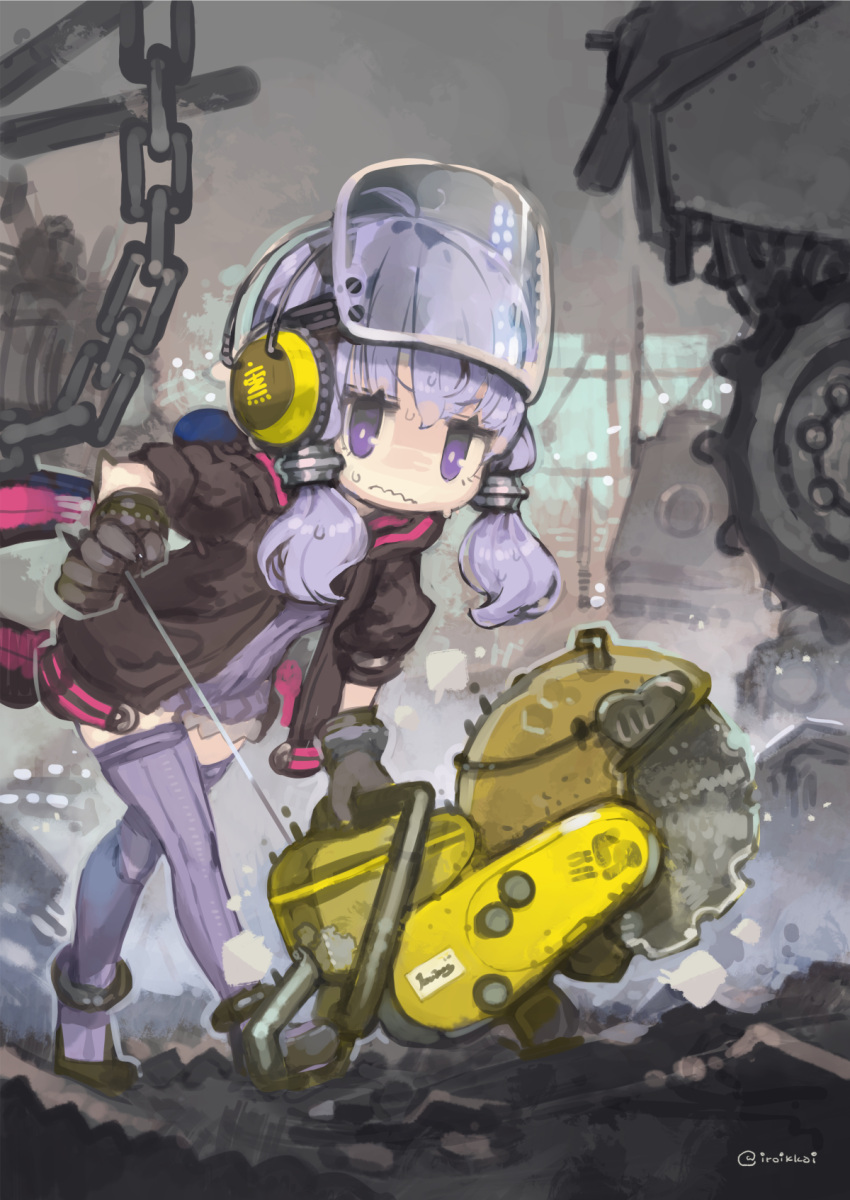 1girl ahoge animal_ears animal_hood anklet black_gloves blurry blurry_background chain circular_saw dress face_shield fake_animal_ears full_body gloves headphones highres hood hoodie iroikkai jewelry junk light_purple_hair looking_at_viewer machinery open_clothes open_hoodie pull_cord purple_dress purple_eyes purple_thighhighs rabbit_ears short_hair_with_long_locks sideways_glance solo striped striped_dress striped_thighhighs sweat thighhighs twitter_username v-shaped_eyebrows vertical-striped_dress vertical-striped_thighhighs vertical_stripes voiceroid walking wavy_mouth yuzuki_yukari zettai_ryouiki