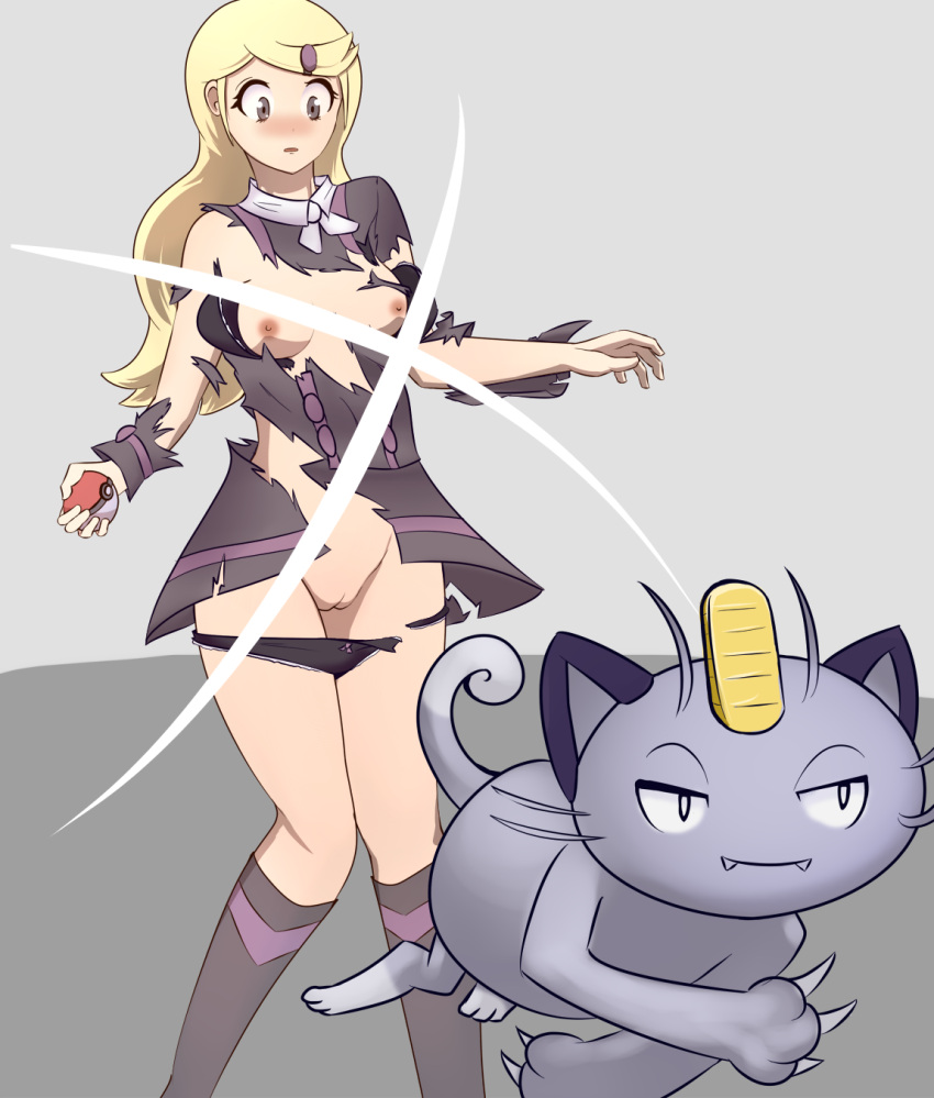 ace_trainer_(pok&eacute;mon) alolan_form alolan_meowth anew anthro areola assisted_exposure black_clothing black_panties black_underwear blonde_hair blush breasts brown_eyes claws clothing dipstick_ears dipstick_tail domestic_cat dress eyelashes fangs felid feline felis female fur generation_1_pokemon genitals grey_background grey_body grey_fur hair hi_res human long_hair mammal markings meowth multicolored_ears nintendo nipples panties pink_areola pink_nipples pokeball pokemon pokemon_(species) purple_clothing purple_dress pussy regional_form_(pokemon) sharp_claws simple_background solo tail tail_markings tan_body tan_skin teeth thick_thighs torn_clothing underwear whiskers wide_hips