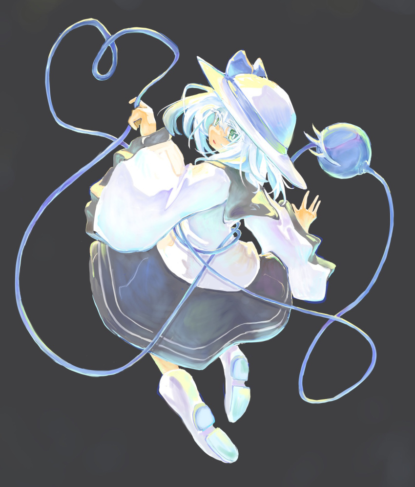 1girl alternate_color bangs boots bright_pupils colored_eyelashes commentary_request frilled_sleeves frills green_eyes grey_background grey_ribbon grey_skirt hat hat_ribbon heart heart_of_string highres komeiji_koishi long_sleeves medium_hair ribbon shirt simple_background skirt solo third_eye touhou white_footwear white_hair white_headwear white_pupils white_shirt wide_sleeves yamasina009