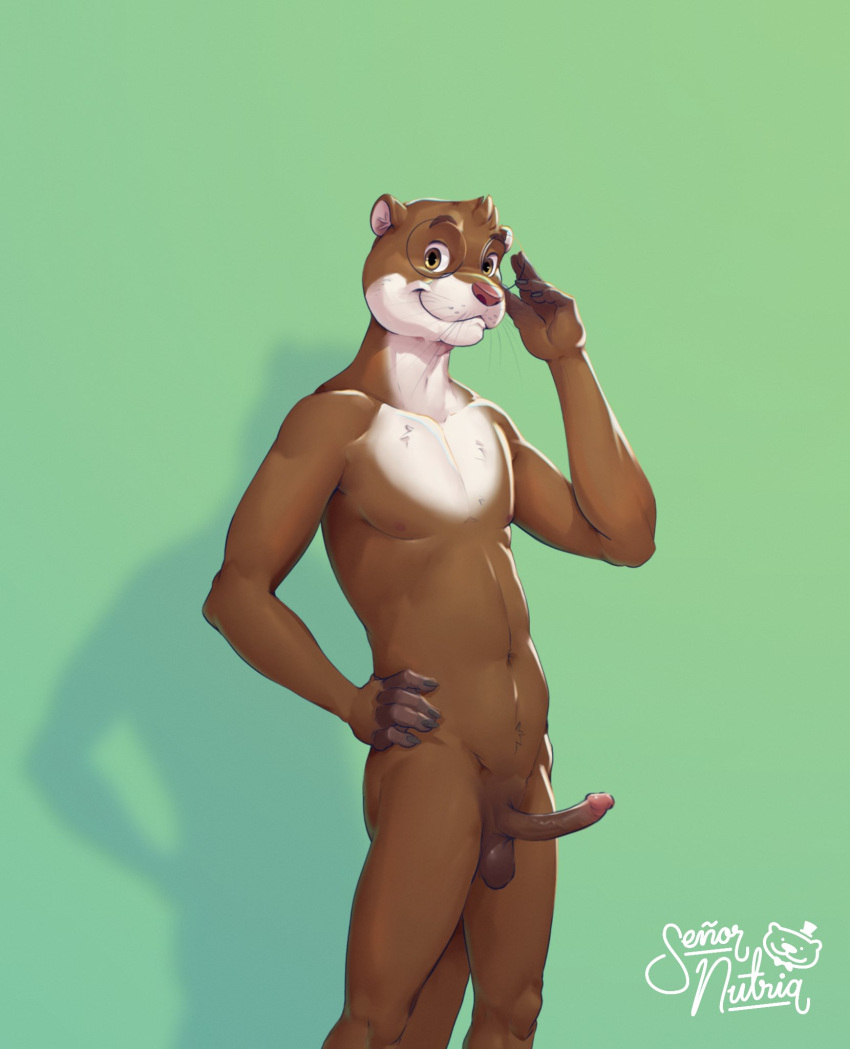 anthro balls brown_body brown_eyes brown_fur erection eyewear front_view fur genitals glasses hi_res humanoid_genitalia humanoid_penis looking_at_viewer male mammal mustelid otter penis round_glasses shadow skrawl smile solo standing thin_penis whiskers