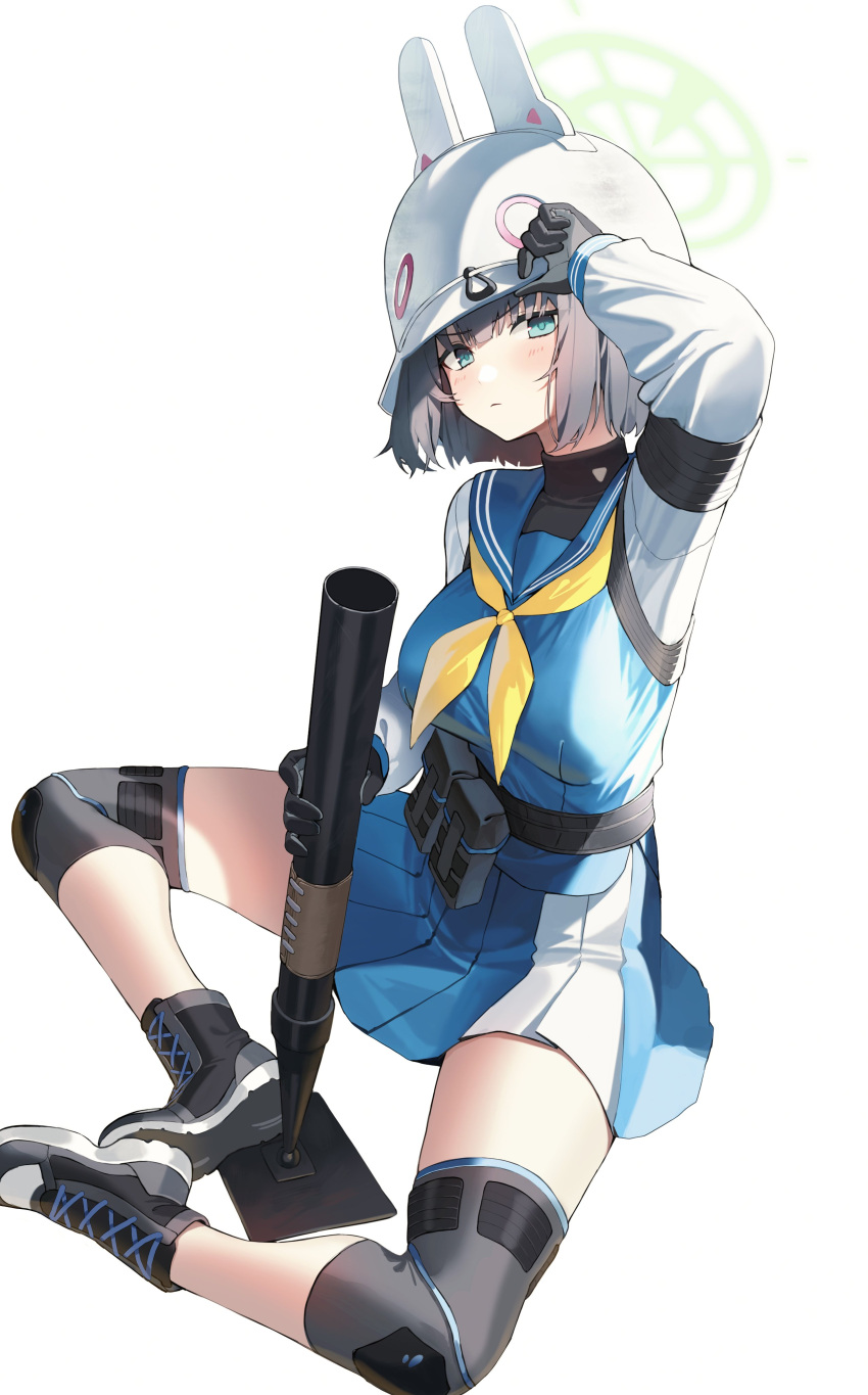 1girl absurdres animal_ears bangs black_footwear black_gloves blue_archive blue_eyes blue_skirt blush boots closed_mouth cross-laced_footwear fake_animal_ears full_body gloves halo helmet highres holding holding_weapon knee_pads lace-up_boots long_sleeves neckerchief outdoors pro-p sailor_collar saki_(blue_archive) school_uniform short_hair sitting skirt solo sunlight thighs weapon white_background white_helmet yellow_neckerchief