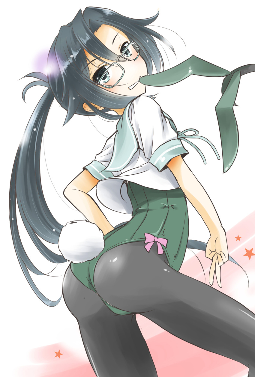 1girl amagiri_(kancolle) animal_ears ass asymmetrical_bangs bangs black_hair black_pantyhose commentary_request cowboy_shot fake_animal_ears green_leotard grey_eyes grin hair_between_eyes highres kantai_collection leotard leotard_under_clothes long_hair looking_at_viewer mouth_hold pantyhose playboy_bunny ponytail rabbit_ears rabbit_tail school_uniform serafuku smile solo tail taisinkoku v very_long_hair white_background