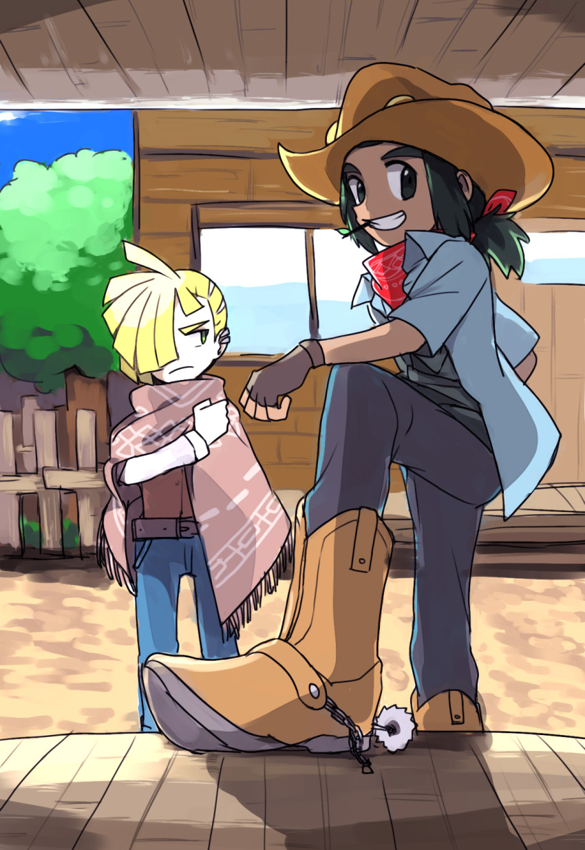 2boys bandana belt blonde_hair boots brown_belt brown_headwear brown_shawl cowboy cowboy_hat cowboy_western denim fence fingerless_gloves frown gladion_(pokemon) gloves green_eyes grin hat hau_(pokemon) highres house jeans mouth_hold multiple_boys outdoors pants pokemon pokemon_(game) pokemon_sm shawl short_hair short_ponytail smile spurs stalk_in_mouth yoyterra