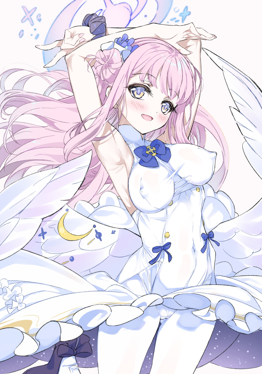 1girl absurdres angel_wings armpits arms_up black_scrunchie blue_archive blue_bow bow covered_navel covered_nipples dress feathered_wings flower frilled_dress frilled_ribbon frills hair_bun hair_flower hair_ornament halo high-waist_skirt highres long_hair low_wings mika_(blue_archive) niko_(tama) overskirt pink_hair ribbon scrunchie single_side_bun skirt sleeveless sleeveless_dress very_long_hair white_dress white_skirt white_wings wing_ornament wings wrist_scrunchie yellow_eyes