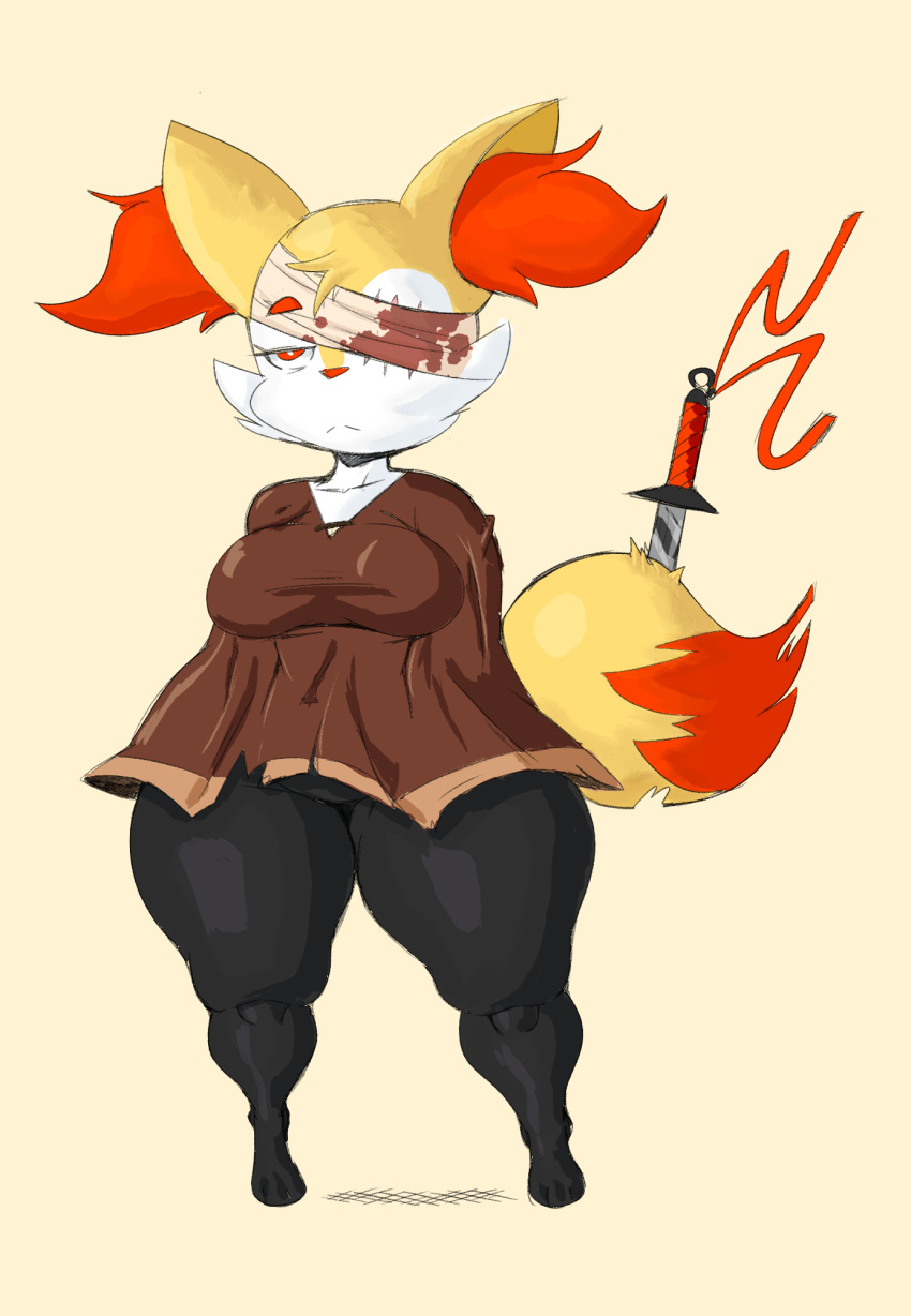 anonymous_artist anthro black_body black_fur blood bodily_fluids braixen canid canine clothing dingaling_productions female fluffy fluffy_tail fox fur generation_6_pokemon hi_res huge_thighs lisa_the_joyful lisa_the_painful mammal melee_weapon nintendo orange_body orange_eyes orange_fur pokemon pokemon_(species) purple_yoshi_draws scar solo sword tail thick_thighs weapon white_body white_fur yellow_body yellow_fur