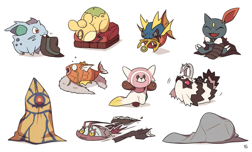 :d anchor carvanha closed_eyes commentary galarian_zigzagoon hands_up hat hat_removed headwear_removed jacket jacket_removed lying magikarp mouth_hold nidoran no_humans numel open_mouth pokemon pokemon_(creature) simple_background sitting sleeping smile sneasel ssalbulre stufful torn_clothes white_background wimpod