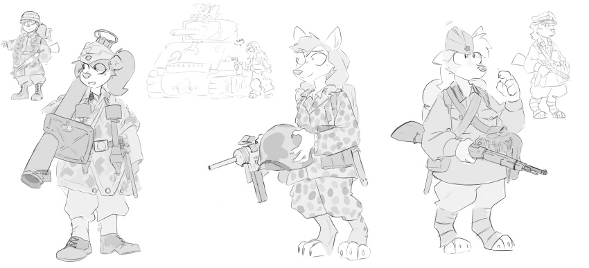 absurd_res ankle_wraps anti-tank_gun axel_(character) bear blizzard_entertainment blowtorch camo canid clothing female fg42 grease_gun gun hell_let_loose hi_res hilda_(warcraft) li_li_stormstout luftwaffe male mammal monochrome mosin-nagant pandaren panzerfaust pilotka ppsh-41 ranged_weapon rocket_launcher russian simple_background soviet_union spinater tank uniform vehicle warcraft weapon were werecanid worgen world_war_2 young