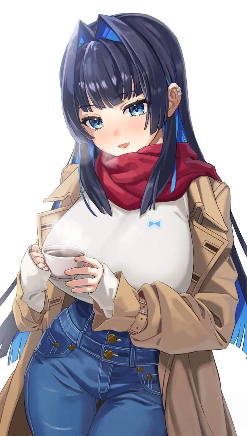 1girl absurdres bangs black_hair blue_eyes blue_hair blue_pants blunt_bangs breasts breath brown_coat coat coffee coffee_cup colored_inner_hair cowboy_shot cup denim disposable_cup ear_piercing fang hair_intakes highres holding holding_cup hololive hololive_english jeans large_breasts long_hair long_sleeves multicolored_hair open_clothes open_coat open_mouth ouro_kronii pants piercing red_scarf scarf simple_background skin_fang sleeves_past_wrists smile solo sweater two-tone_hair virtual_youtuber white_background white_sweater yan.c