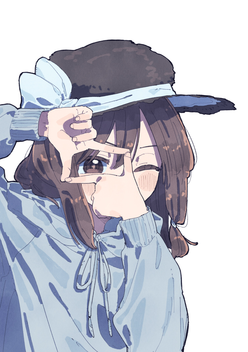 1girl absurdres alternate_costume arm_up bangs black_headwear blue_hoodie blue_ribbon blush brown_eyes brown_hair covering_mouth finger_frame hand_over_own_mouth hand_up hat hat_ribbon highres hood hood_down hoodie long_hair long_sleeves looking_at_viewer nama_udon ribbon simple_background solo touhou upper_body usami_renko white_background