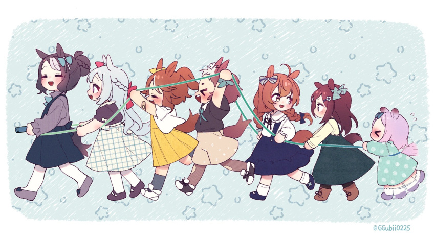 &gt;_&lt; 6+girls =_= afterimage aged_down ahoge animal_ears arms_up bandaid bandaid_on_arm bangs black_hair black_shirt blush boots braid brown_eyes brown_hair character_request child closed_eyes dress ear_bow flying_sweatdrops from_side ggubii0225 green_dress hair_bun hair_ornament hairclip highres horse_ears horse_girl horse_tail jacket jump_rope long_hair looking_back mejiro_ardan_(umamusume) mejiro_bright_(umamusume) mejiro_dober_(umamusume) mejiro_mcqueen_(umamusume) mejiro_palmer_(umamusume) mejiro_ryan_(umamusume) multicolored_hair multiple_girls open_mouth overall_skirt ponytail rope_train shirt shirt_tucked_in shoes short_eyebrows short_hair skirt smile socks streaked_hair tail thighhighs twin_braids twitter_username umamusume white_jacket white_thighhighs yellow_dress