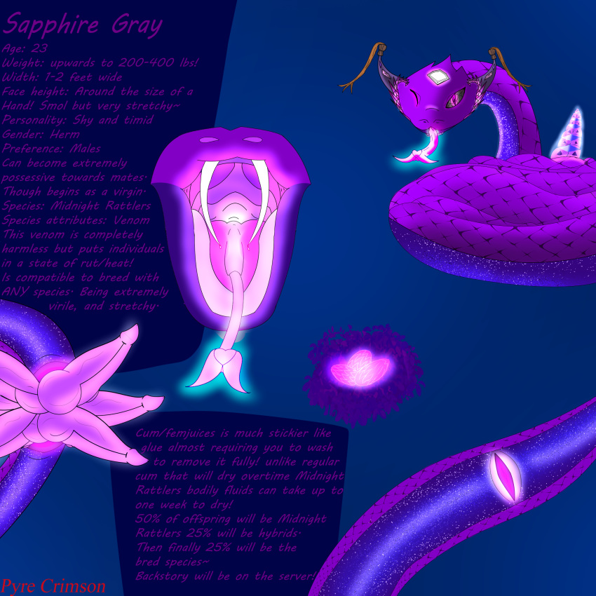 1:1 absurd_res accessory anatomically_correct animal_genitalia belly blep bodily_fluids cloaca digital_media_(artwork) egg erection female feral furgonomics genitals glowing glowing_body glowing_eyes glowing_genitalia glowing_penis glowing_pussy glowing_tongue herm hi_res horn horn_accessory horn_cap intersex long_body looking_at_viewer model_sheet mouth_shot multiple_dicks nude open_mouth penis pit_viper purple_body pussy pyrecrimson rattle_(anatomy) rattlesnake reptile sapphire_gray_(pyrecrimson) scales scalie simple_background snake solo text tongue tongue_out viper