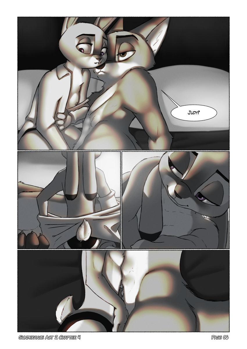 2023 anthro anthro_on_anthro areola arm_tuft bed biped border buckteeth canid canine cheek_tuft clothed clothing comic crotch_tuft dipstick_ears disney dress_shirt duo elbow_tuft english_text facial_tuft female flat_chested fondling fox foxxj furniture half-closed_eyes head_tuft hi_res interspecies judy_hopps lagomorph larger_male leporid lying male male/female mammal multicolored_ears narrowed_eyes nick_wilde nipples nude on_bed on_side panties predator/prey purple_eyes rabbit scut_tail shirt short_tail shoulder_tuft size_difference smaller_female tail teeth text topless topwear tuft underwear undressing white_border zootopia