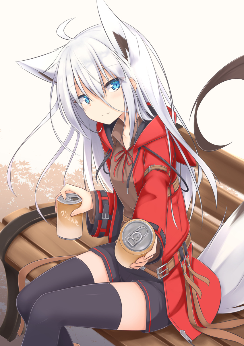 1girl absurdres animal_ears bangs black_skirt black_thighhighs blue_eyes brown_shirt can collared_shirt commentary_request drawstring feet_out_of_frame fox_ears fox_girl fox_tail grey_background hair_between_eyes highres holding holding_can hood hood_down hooded_jacket jacket long_hair long_sleeves looking_at_viewer neck_ribbon on_bench open_clothes open_jacket original red_jacket red_ribbon ribbon shirt simple_background sitting skirt sleeves_past_wrists solo tail thighhighs very_long_hair white_hair yukishiro_haku