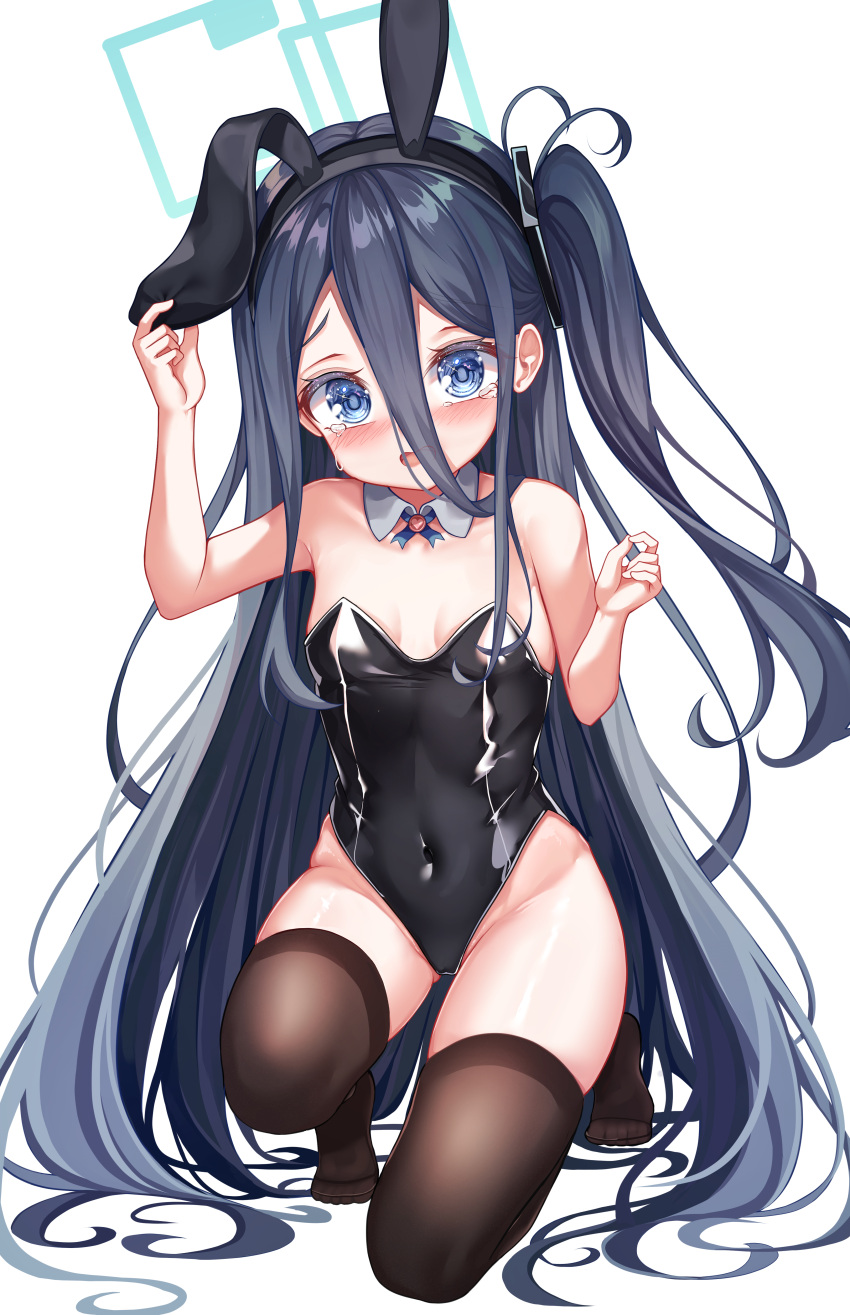 1girl absurdly_long_hair absurdres animal_ears apple_mango aris_(blue_archive) black_hair black_leotard black_thighhighs blue_archive blue_eyes breasts bright_pupils detached_collar genuflecting hair_between_eyes halo highres leotard long_hair one_knee one_side_up playboy_bunny rabbit_ears ringed_eyes simple_background small_breasts solo strapless strapless_leotard tears thighhighs very_long_hair white_background white_pupils