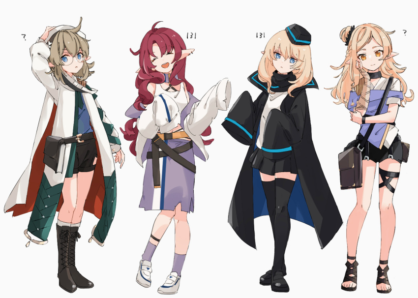 4girls :d ? antenna_hair arknights bag bandaged_arm bandages bangs bare_shoulders belt belt_buckle black_choker black_footwear black_headwear black_shorts black_thighhighs blonde_hair blue_eyes book boots brown_hair buckle cape choker closed_eyes coat croque_diamondface_(arknights) cross-laced_footwear deculture_silvermint_(arknights) durin_(arknights) earrings facing_viewer full_body hair_bun hand_on_own_cheek hand_on_own_face harami_(hara_333) hat height jewelry knee_boots kneehighs lace-up_boots loafers long_hair long_sleeves looking_at_viewer medium_skirt miniskirt multiple_girls myrtle_(arknights) navel open_clothes open_coat open_mouth orange_eyes parted_bangs parted_lips pointy_ears purple_skirt purple_socks red_hair sandals shirt shoes short_hair shorts shoulder_bag simple_background single_hair_bun single_side_bun skirt sleeves_past_fingers sleeves_past_wrists smile sneakers socks standing swept_bangs tank_top thigh_strap thighhighs trait_connection very_long_hair white_background white_cape white_coat white_footwear white_headwear white_shirt white_socks zettai_ryouiki