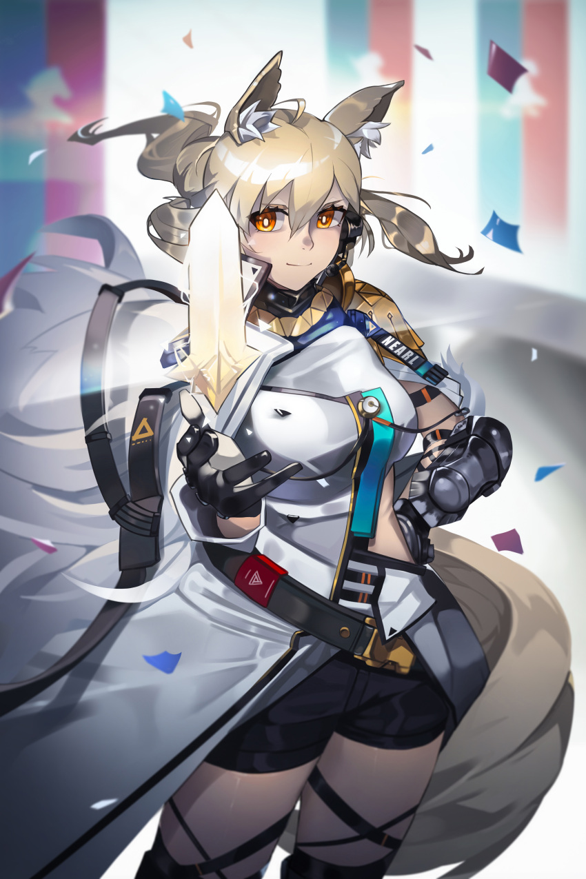 1girl absurdres animal_ear_fluff animal_ears arknights armored_boots bangs black_gloves black_shorts blonde_hair boots breasts brown_eyes closed_mouth coat floating_hair gloves gradient_background grey_background hair_between_eyes headset high_heel_boots high_heels highres horse_ears horse_girl knee_up long_hair looking_at_viewer medium_breasts name_tag nearl_(arknights) nearl_the_radiant_knight_(arknights) one_knee plabit ponytail short_shorts shorts smile solo thigh_boots very_long_hair white_coat yellow_eyes