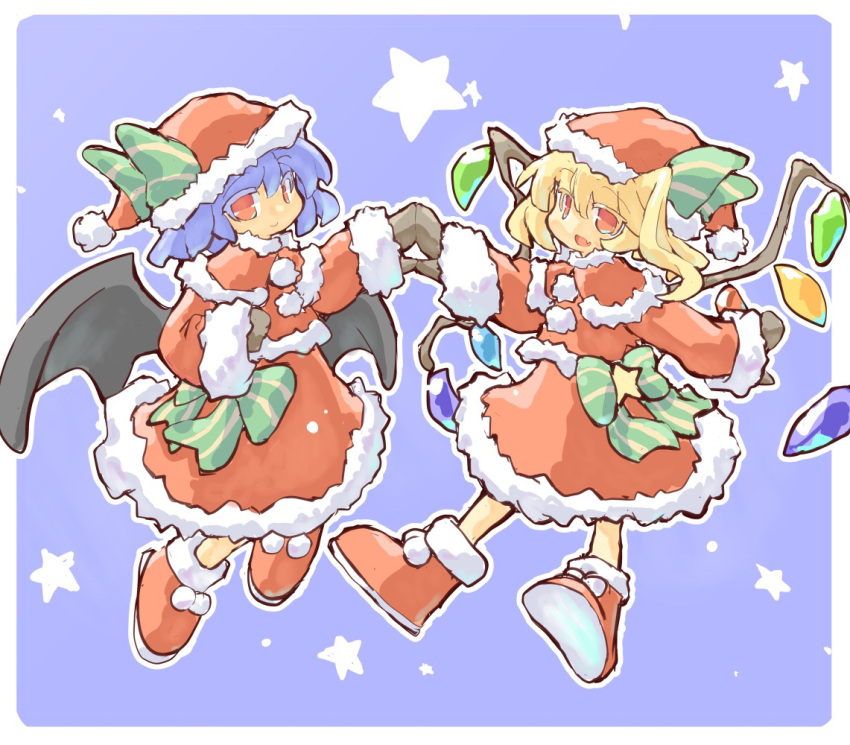 2girls bangs bat_wings black_wings blonde_hair blue_hair bow brown_gloves capelet closed_mouth colored_eyelashes commentary_request fang flandre_scarlet fur-trimmed_capelet fur-trimmed_headwear fur-trimmed_shirt fur-trimmed_skirt fur-trimmed_sleeves fur_trim gloves green_bow green_ribbon hat hat_bow long_sleeves multiple_girls open_mouth red_capelet red_eyes red_footwear red_headwear red_shirt red_skirt remilia_scarlet ribbon santa_costume santa_hat shirt short_hair siblings side_ponytail sisters skin_fang skirt smile touhou wings yamasina009