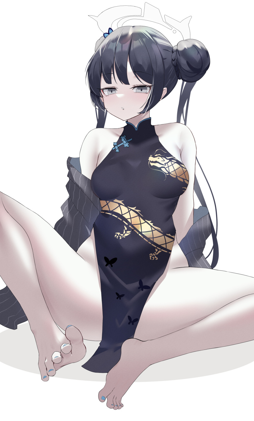 1girl absurdres bare_shoulders barefoot black_dress black_gloves black_hair blue_archive blue_eyes braid braided_bun breasts butterfly_hair_ornament china_dress chinese_clothes double_bun dragon_print dress gloves grey_eyes grey_jacket hair_bun hair_ornament halo highres jacket jacket_on_shoulders kisaki_(blue_archive) long_hair looking_at_viewer musicatopos pelvic_curtain print_dress short_dress side_slit sitting sleeveless sleeveless_dress small_breasts solo striped striped_jacket toes twintails vertical-striped_jacket vertical_stripes