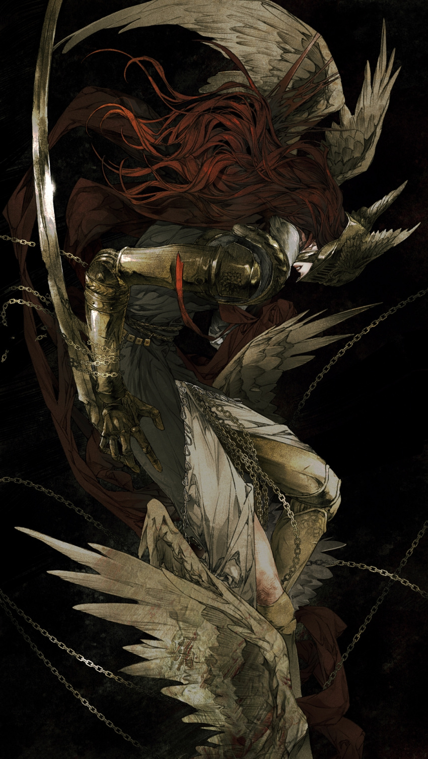 1girl arm_blade black_background bruise cape chain commentary covered_eyes dress elden_ring english_commentary feathered_wings floating_hair foot_out_of_frame from_side fur-trimmed_cape fur_trim grey_dress helmet highres injury long_hair malenia_blade_of_miquella mechanical_arms megasus multiple_wings parted_lips prosthesis prosthetic_arm prosthetic_leg red_cape red_hair single_mechanical_arm solo wavy_hair weapon winged_helmet wings