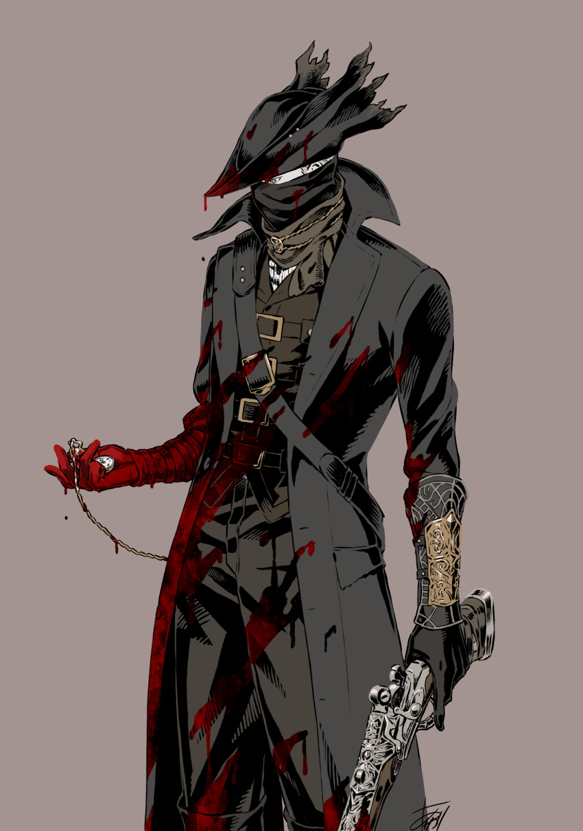 1boy arizuka_(catacombe) black_coat black_gloves black_headwear black_mask blood blood_on_clothes blood_on_gloves bloodborne brown_pants brown_scarf brown_vest coat cowboy_shot gloves grey_background grey_eyes gun hat highres holding holding_gun holding_weapon jacket long_sleeves looking_down male_focus mask mouth_mask open_clothes open_jacket pants pocket_watch scarf signature simple_background solo tricorne vest watch weapon